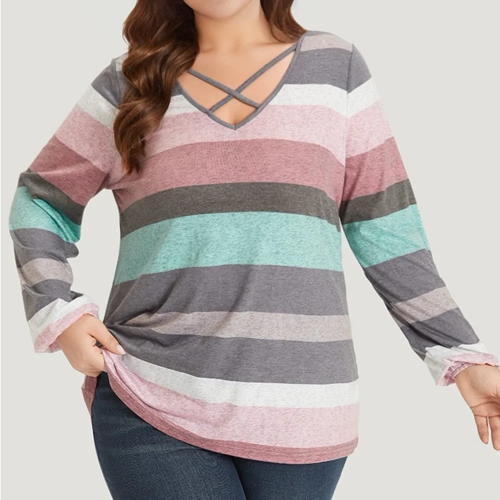 BloomChic Striped Crisscross Lantern Sleeve Top Plus Size 1X - Picture 1 of 5